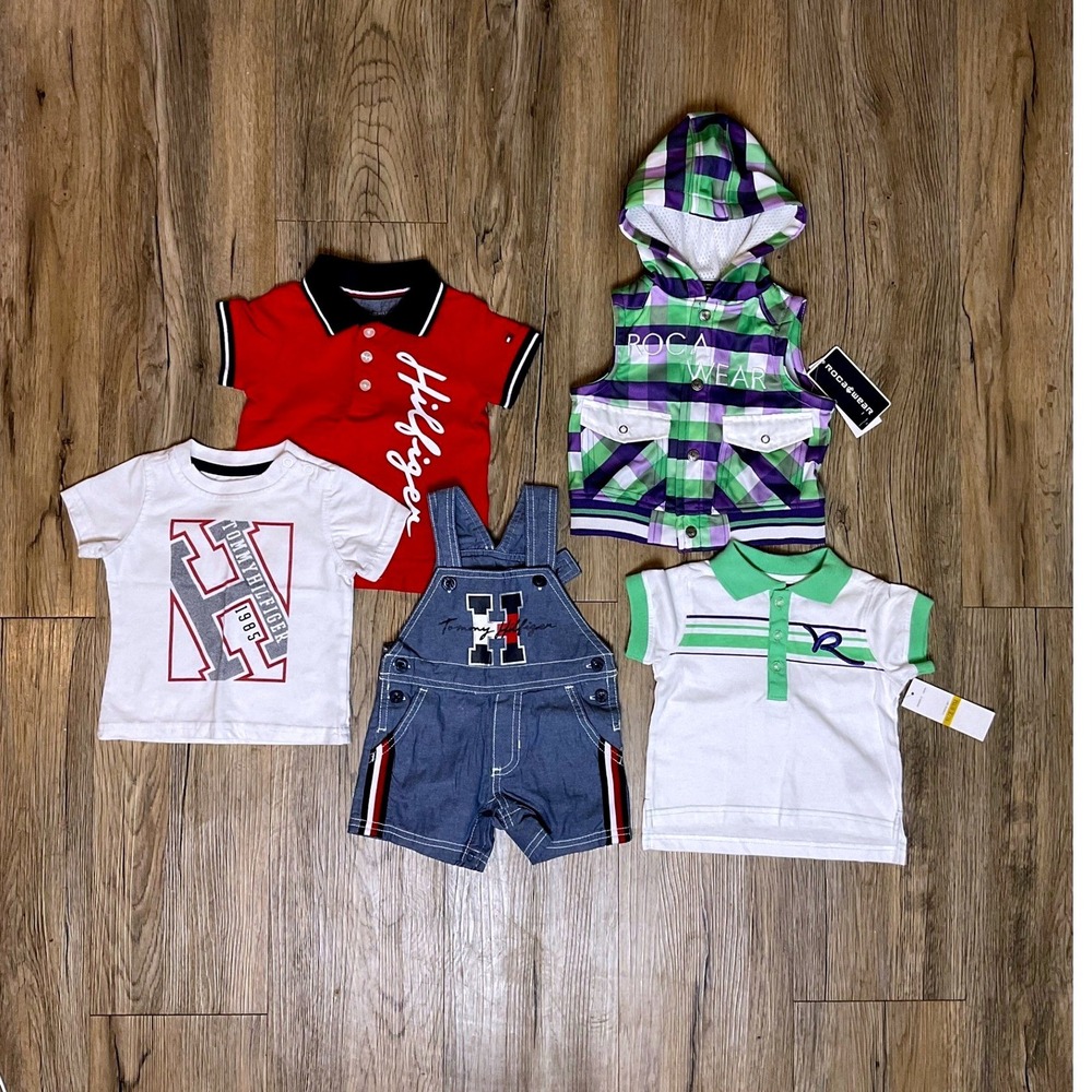 Tommy Hilfiger & Rocawear Baby Boy Bundle 0-6M Overalls Polo Shirts Vest NWT 5pc